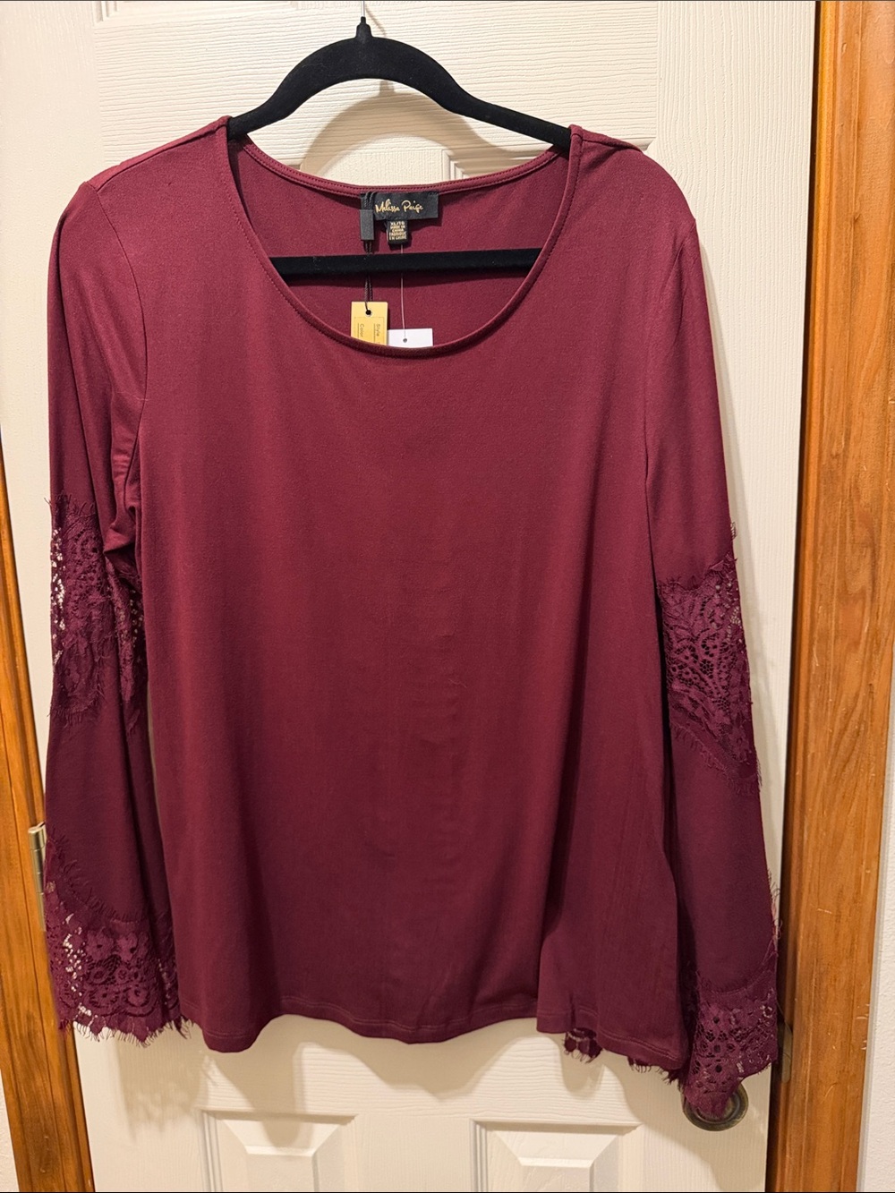 Melissa Paige Burgundy Long Sleeve Lace-Inset Top